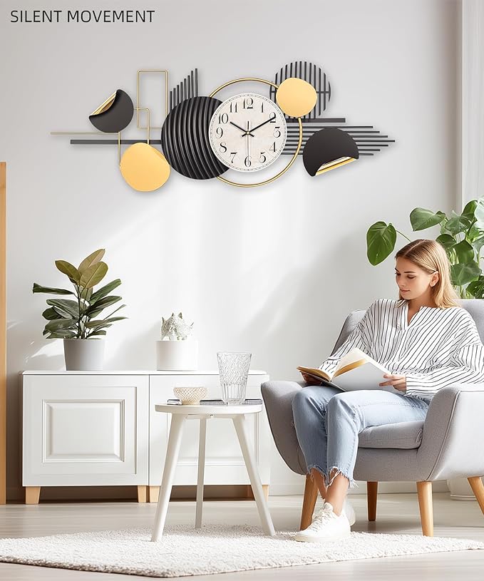 Large Wall Clock, Modern Silent Non-Ticking Metal Wall Art Wall Clocks Battery
