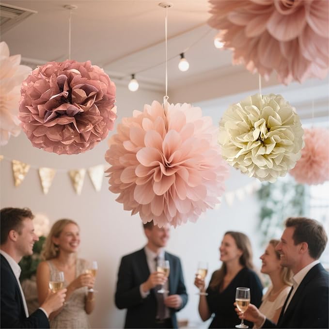 We Moment Blush Pink Rose Gold Tissue Paper Flowers Decorations for Boho Birthday Bridal Shower Wedding Bachelorette Baby Shower Party Decor Ceiling Wall Hanging Tissue Pom Poms 12pcs 4 Colors