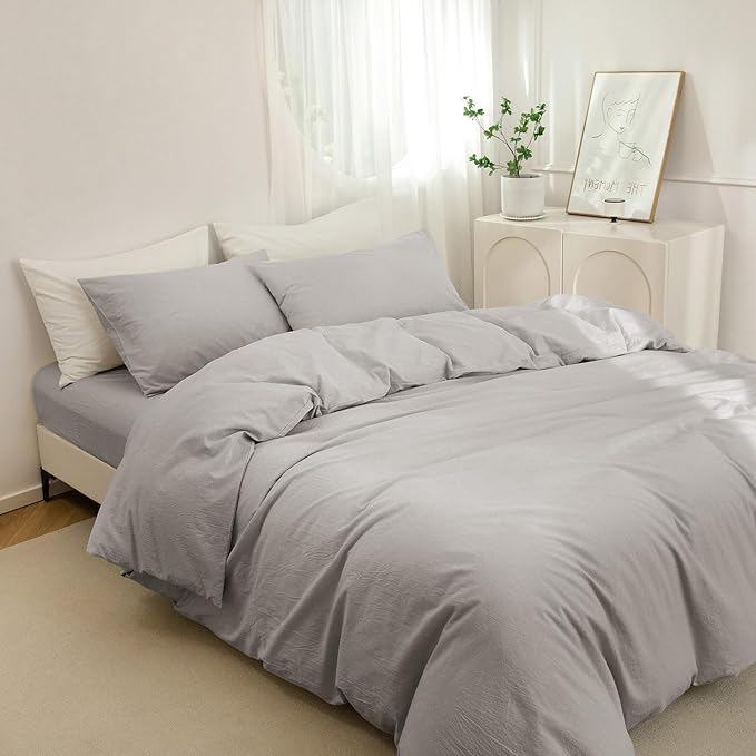 JIYUAN 100% Washed Cotton Duvet Cover Set 2 Pieces Twin, 1 Duvet Cover 68x90 Inches(Comforter Not Included) and 1 Pillowcases,Linen Feel Bedding Set Comfy and Breathable, Heathered Pastel Grey