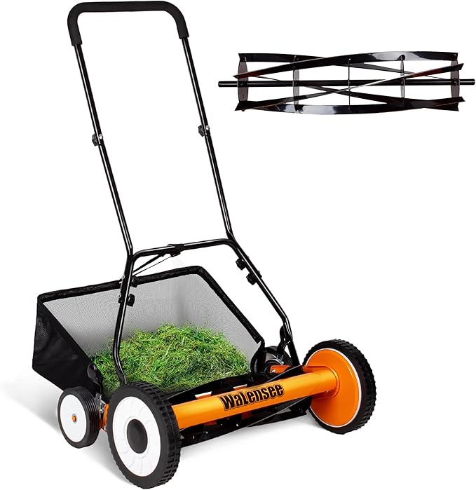 Walensee 20-Inch 5-Blade Push Reel Lawn Mower, Cordless Manual Reel Lawn Mower Walk-Behind Steel Lawn Mowers with Removable 11.8-Gallon Grass Catcher, Sponge Grip, 9-Position Cutting Height Adjustment