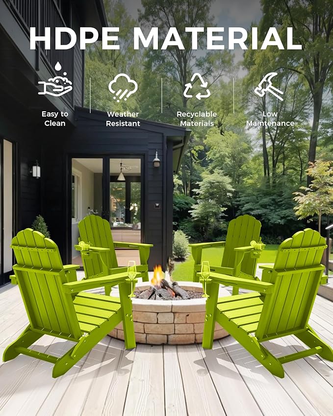 Adirondack Chairs Set of 4, Foldable Adirondack Chairs with 2 Cup Holder, Wood Texture HDPE Fire Pit Chairs, Outdoor Lawn Chair for Patio Garden, LemonGreen