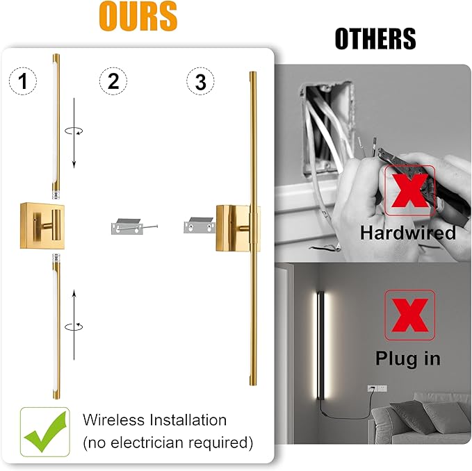 Morauroral 30″ Gold Battery Operated Wall Sconces Set of 2, Dimmable Wall