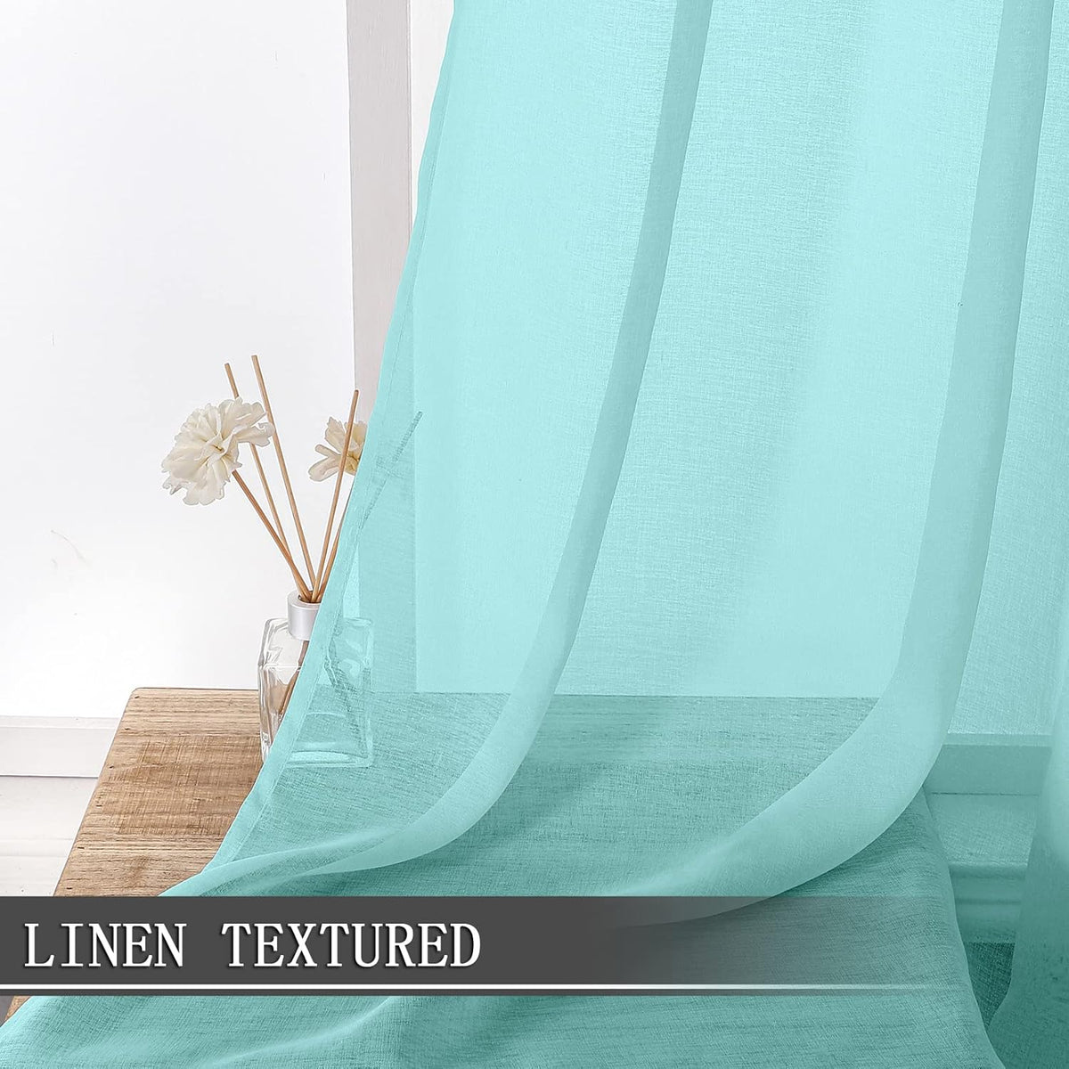 Tollpiz Sheer Curtains Linen Textured Living Room Curtain Sheers Light Filtering Rod Pocket Voile Curtains for Bedroom, 42 x 63 inches Long, Crystal Blue, Set of 2 Panels