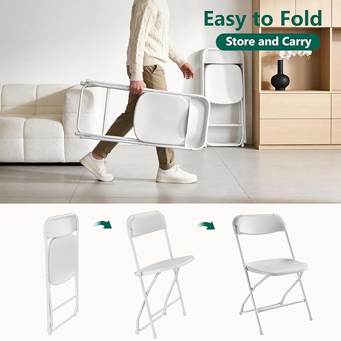 12 Pack White Plastic Folding Chairs, Outdoor Portable Folding Chair with Steel Frame, 350lbs Capacity Stackable Foldable Chairs for Patio, Garden, Picnic, Kitchen, Events