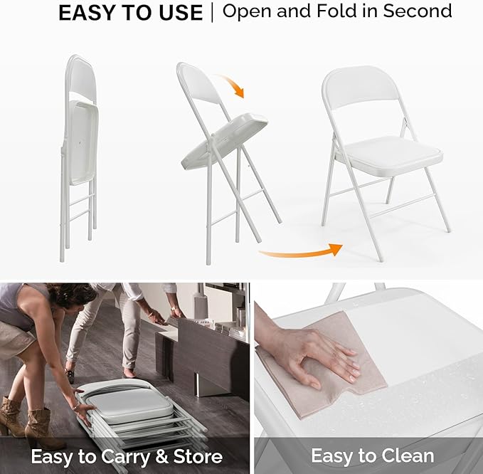 VINGLI 10 Pack Folding Chairs with Padded Seats, Metal Frame with Pu Leather Seat & Back, Capacity 350 lbs, White
