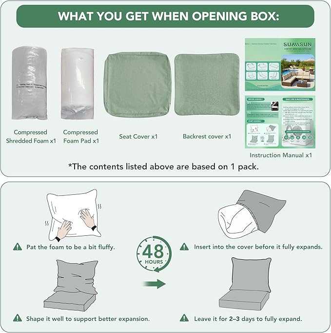 Summsun Outdoor Cushions for Patio Furniture, Faux Linen Water Resistant Backrest and Deep Seat Cushion Set with Removable Cover, Ties, Non-Slip Bottom, 22 x 22 Inch, Sage Green