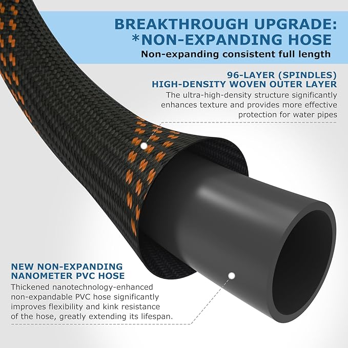 Non-Expanding Garden Hose 100 ft, Kink Free Flexible Water Hose with 10-Pattern Spray Nozzle, Lightweight Hose Pipe, Leak Proof, 3/4" Swivel Connectors, Super Fabric, Portable Storage Strap