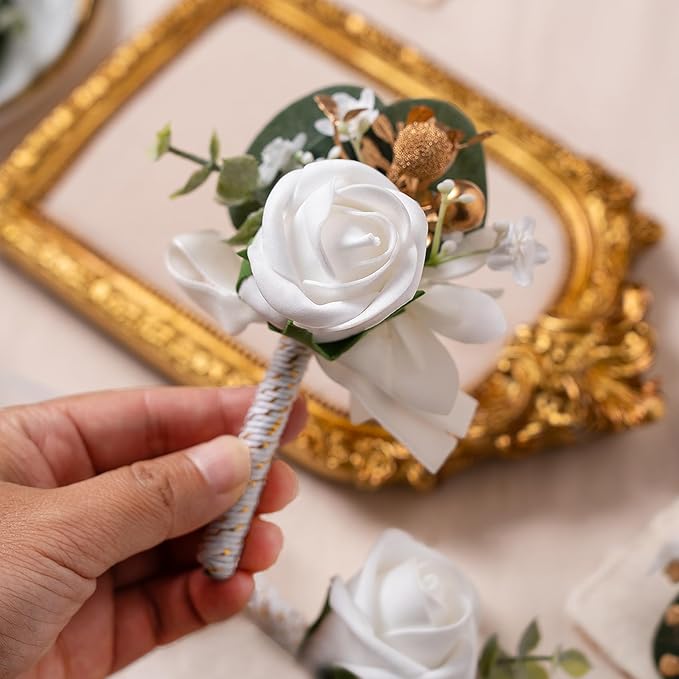Meldel White Boutonniere for Men Wedding with Pins,Set of 6, Greenery Corsage Rose Groom Groomsmen Boutonniere for Wedding,Prom,Homecoming,Party,etc.