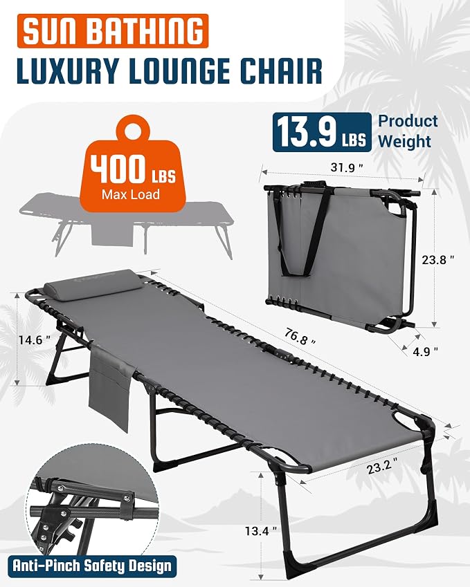 KingCamp Lounge Chair Outdoor,400LBS Tanning Chairs for Outside,Adjustable 5-Position Patio Lounge Chair Sunbathing Chase Lounge Chair Outdoor for Outside Beach Patio Sun Bathing Pool Backyard