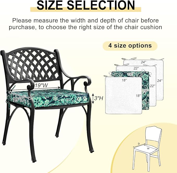 downluxe Outdoor Chair Cushions Set of 4, Waterproof 19" x 19" x 3" Patio Chair Cushion with Non-Slip Ties & Handle, Square Outdoor Cushion for Patio Furniture with Removable Cover, Green Paramecium