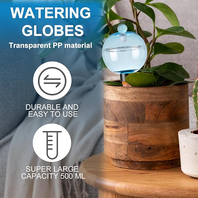 6 Pack Self Watering Globes 17oz Large Plant Watering Globes Top Fill, Self Water Planter Insert Indoor/Outdoor Plastic Water Bulbs Slow Release Terracotta for Plants, Blue