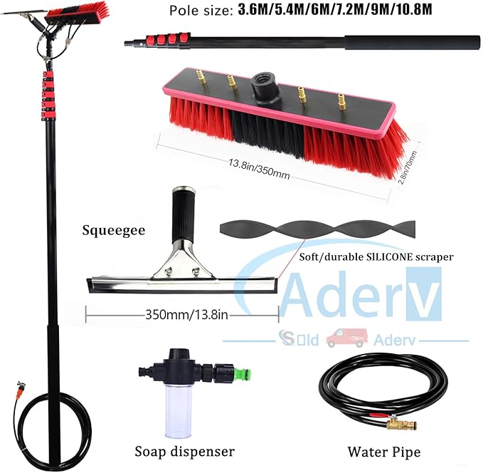 3.6-10.8 M Washing Kit: Water-fed Brush,Squeegee,Soap Dispenser, Window Cleaning Pole, Water Fed Telescopic Brush, Window Cleaner Equipment, Car Cleaning Brush (35cm Brush,5.4M)