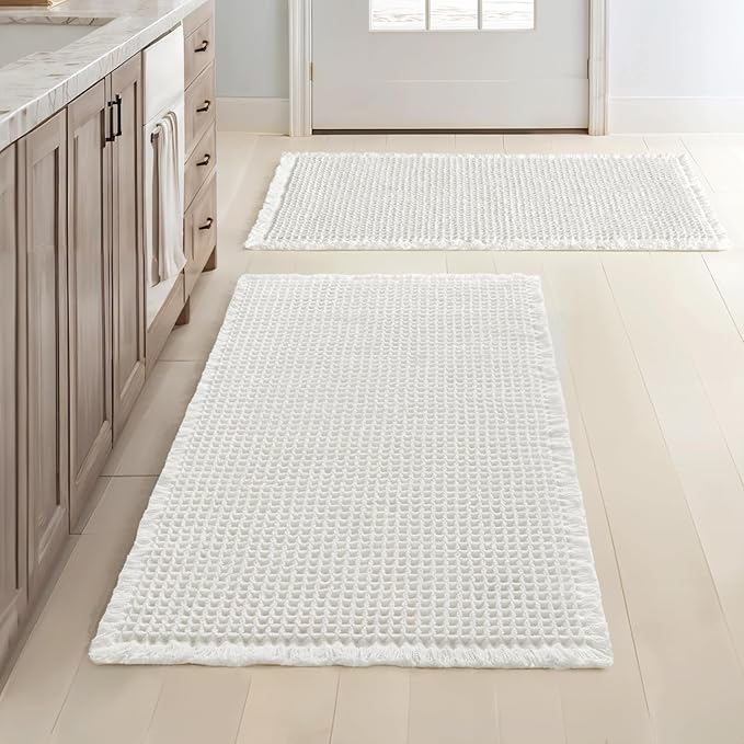 MIULEE Set of 2 Waffle Bathroom Rugs, Boho Bath Rugs Non Slip Washable, Super Absorbent Bath Mats, Ultra Soft Rubber Backed Shower Mats for Bathroom Floor, Tub and Shower, White, 18x30 Inch
