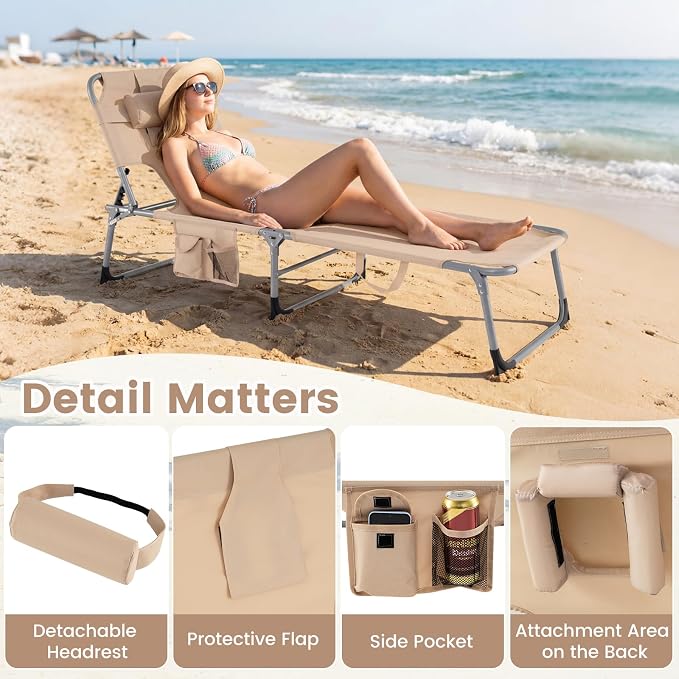 COSTWAY Tanning Chair with Face Hole, Folding Beach Lounge Chair | 4-Position Adjustable Backrest, Pillow & Side Pocket, Foldable Chaise Lounge Chair Outdoor for Sunbathing, Camping (1, Beige)
