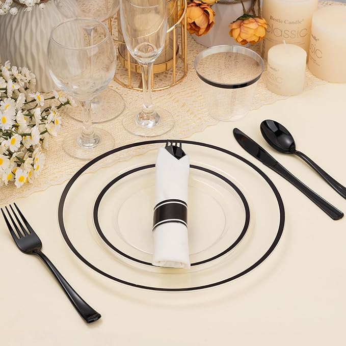 BESTSTAR 175PCS Clear and Black Disposable Plates Set for 25 Guests, 50 Plastic Plates, 25 Cups, 25 Pre-Rolled Napkins with Plastic Cutlery for Party, Birthday, Wedding, Thanksgiving, Christmas