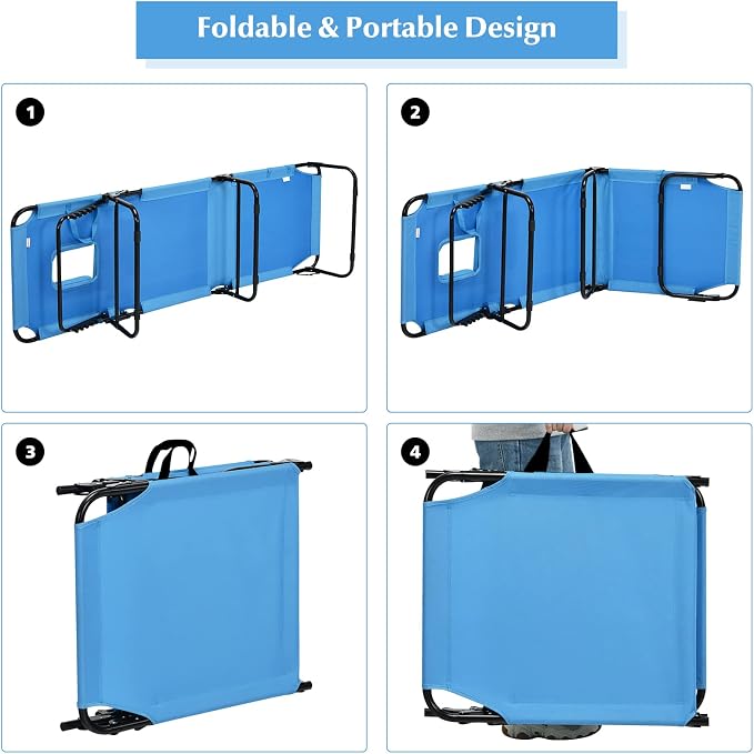 Folding Beach Lounge Chair w/ 5 Adjutable Backrest & Padded Pillow, Sunbathing Lounger Chair, Sun Tanning Lay Flat Chair for Seaside Pool Deck, Max Load 330 LBS, No Assembly Required (Blue)
