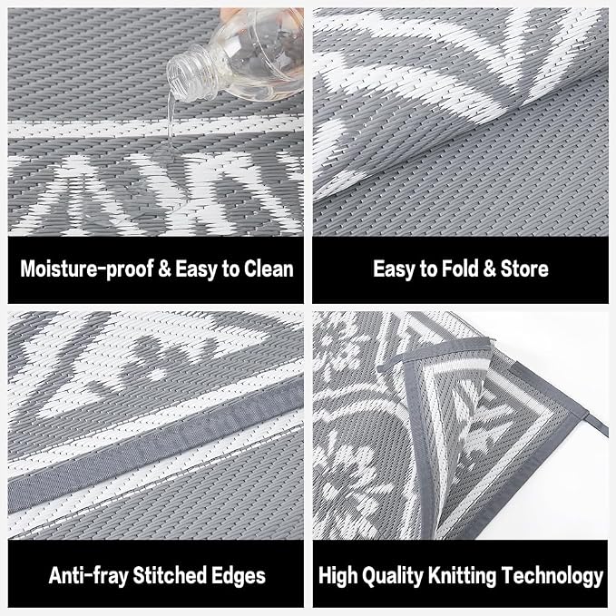 HUGEAR Outdoor Rug 8x10 Patio Waterproof Mat Camping Carpet Outside Area Rug Reversible Grey Rugs for RV Deck Entryance Porch Picnic Balcony Beach