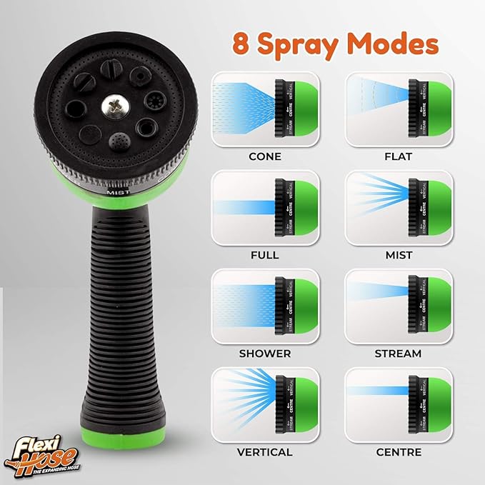 Flexi Hose with 8 Function Nozzle, 100FT - Lightweight Expandable Garden Hose, No-Kink Flexibility, 3/4 Inch Solid Brass Fittings and Double Latex Core - Black and Green