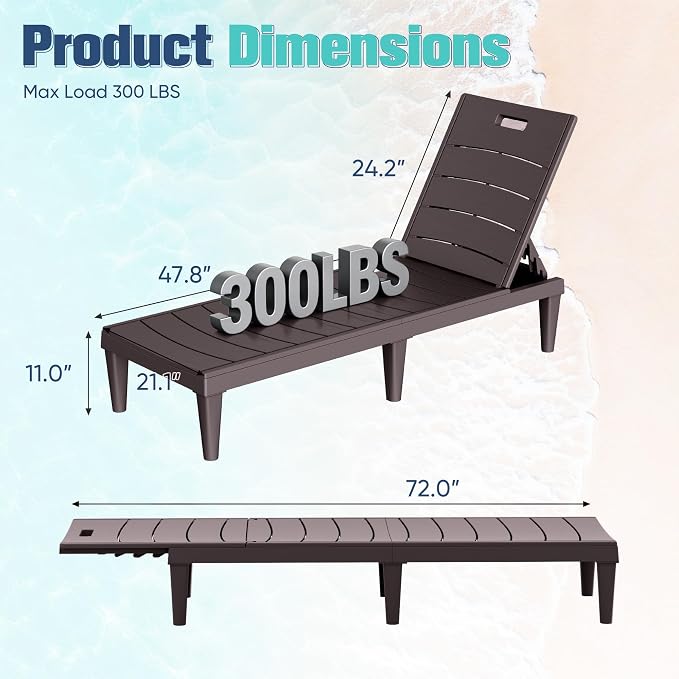 Devoko Outdoor Chaise Lounge Chair Set of 2 with 5-Position Adjustable Back, Waterproof & Lightweight PP Lounge Chairs for Outside Pool Patio (Deep Brown)