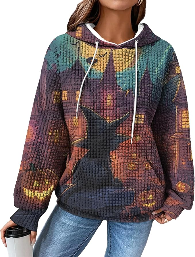 Halloween Sweatshirts for Women Novelty Graphic Drawstring Waffle Hoodies Loose Casual Pullover Tops with Pocket