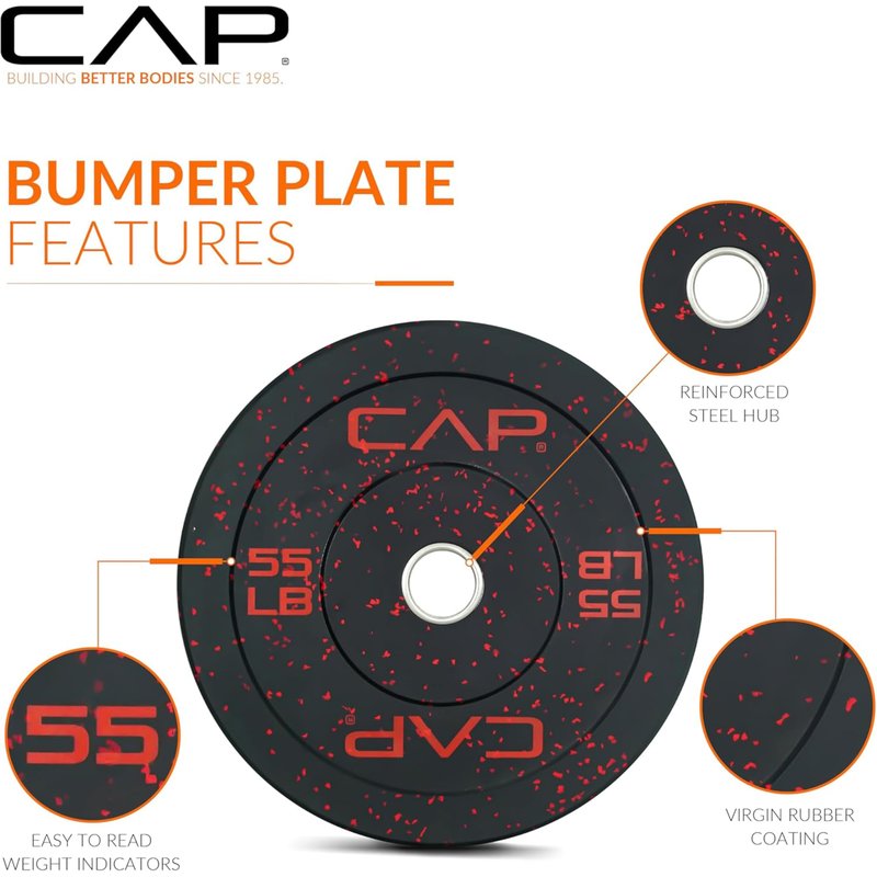 CAP 160 lb Economy Speckled Olympic Bumper Plate Set with Compact Storage Rack, 2-Inch Olympic Plates, Medium Bounce Rubber Weight Plates with Steel Hub, 4 Weight Posts & 2 Barbell Holders for Weightlifting, Strength Training & Home Gym Workouts