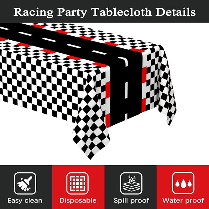 WNINK 2 PCS Racing Car Theme Tablecloths Car Disposable Plastic Tablecloths Black Checkered Flag Table Covers Racetrack Rectangular Tablecloth for Race Car Birthday Party Decorations, 54 x 108 Inch