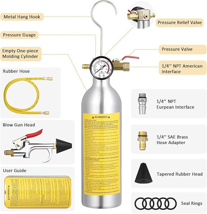 AC Flush Kit Air Conditioner System Flush Canister Kit AC Drain Line Cleaner Tool Air Conditioning Pipeline Cleaning Tool Set with Gauge, Air Fittings and Hose for Car Air Conditioner Pipe
