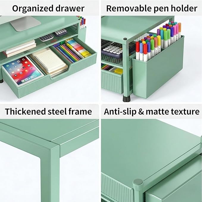 Desk Organizer and Accessories, 2-Tier Computer Monitor Stand Rise with Storage Drawer & 2 Pen Holders, Laptop & Printer Stand for Desktop, Workspace Organizers for Office Supplies (Green)