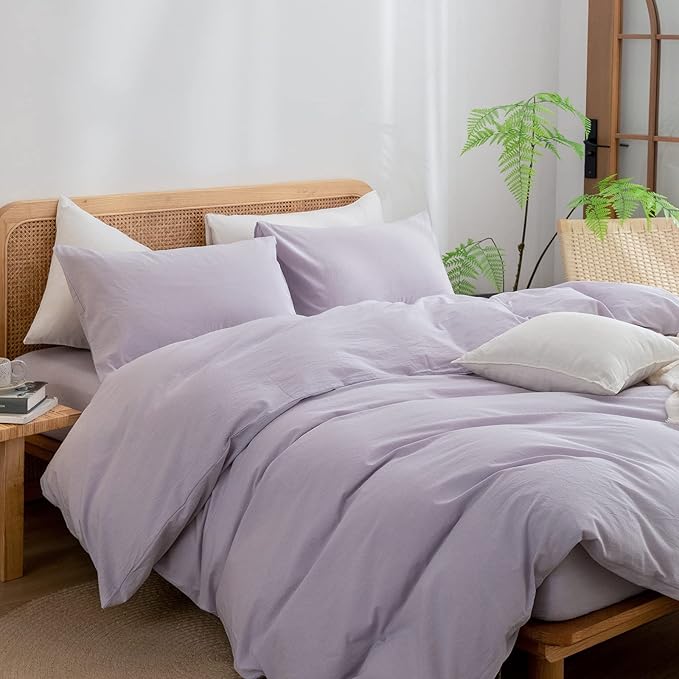 BESTOUCH Duvet Cover Set 100% Washed Cotton Linen Feel Super Soft Comfortable Chic Lightweight 3 PCs Home Bedding Set Solid Taro Purple Super King