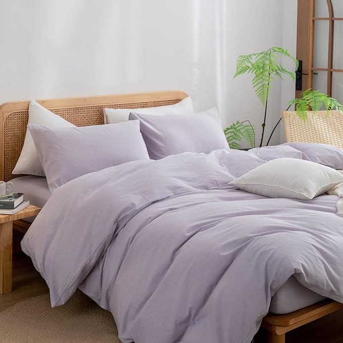 BESTOUCH Duvet Cover Set 100% Washed Cotton Linen Feel Super Soft Comfortable Chic Lightweight 3 PCs Home Bedding Set Solid Taro Purple Super Queen