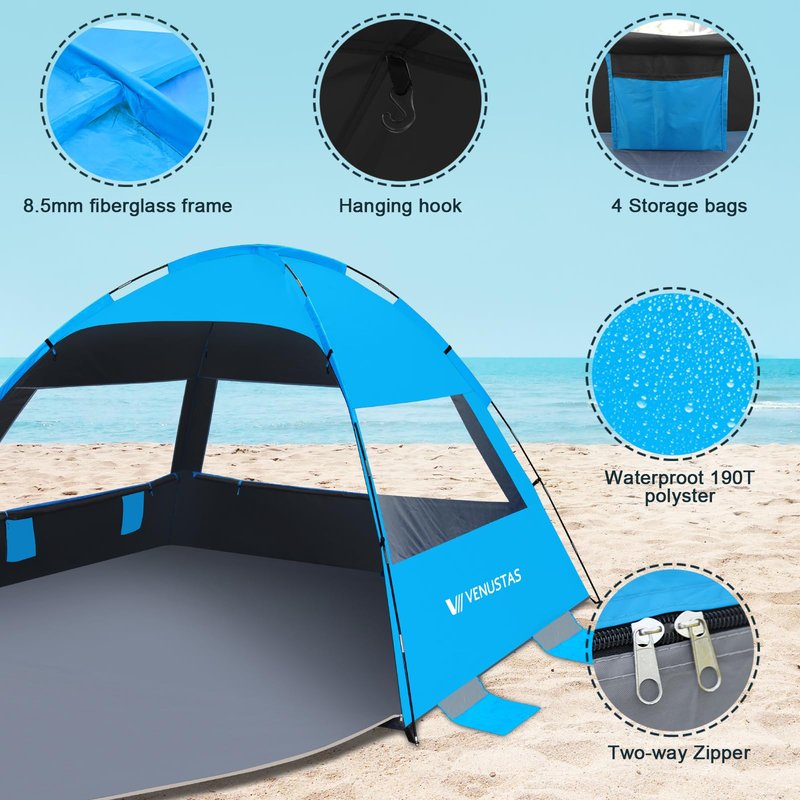 Venustas Beach Tent Sun Shelter for 3/4/6/8 Person, UPF 50+ UV Protection Beach Canopy, Lightweight and Easy Setup Cabana, Portable Beach Shade Tent