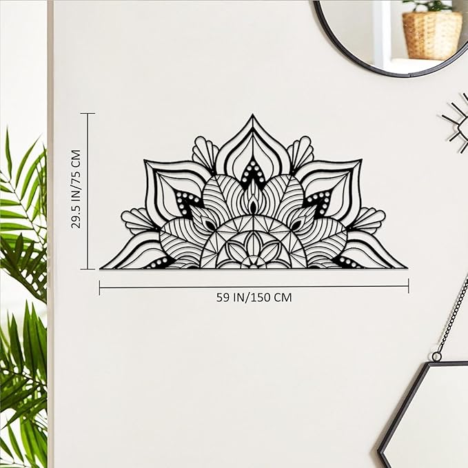 Resama Large Metal Mandala Wall Decor, Unique Lotus Flower Wall Art, Suitable for Office and Home Indoor and Outdoor Decoration (Black, 59‘’x29.5‘’/ 150x75cm)