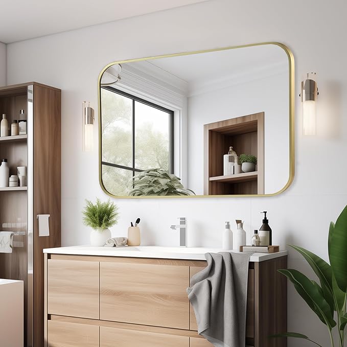 40x30 Inch Gold Bathroom Mirror, Brushed Gold Metal Framed Rectangular Mirror