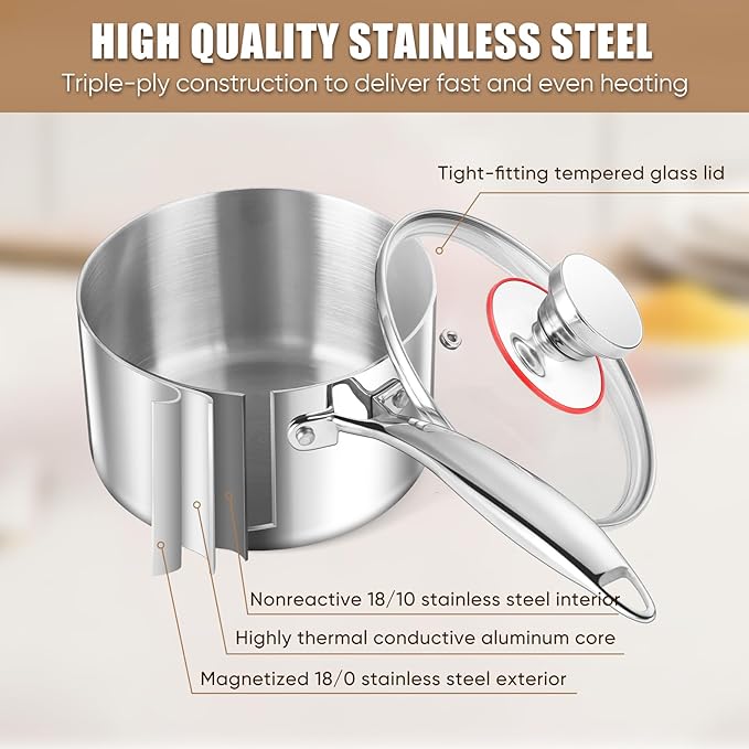 E-far Stainless Steel Saucepan Set - 1Qt & 2 Qt, Triply Sauce Pan Pot with Lid for Cooking Pasta Warming Milk Boiling Water, Small Metal Cookware for Kitchen, Induction Ready & Heavy Duty