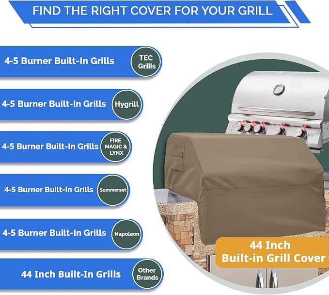 Covers & All Built-in Grill Cover for Outdoor Grill – Heavy Duty 12 oz Waterproof Built-in BBQ Grill Cover, PVC-Coated Polyester with Elastic Hem for Snug Fit (44 x 26 x 24 inches, Beige)