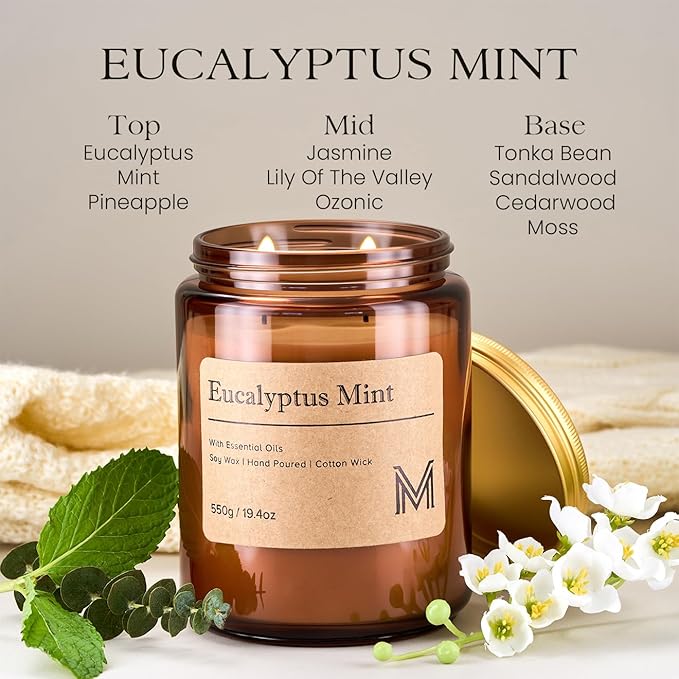 M&SENSE Eucalyptus Mint Home Scented Candle | 19.4oz, 115-Hour Burn | Natural Organic Soy Wax | Long-Lasting for Stress Relief and Gifting | for Bedroom，Relaxing SPA，Office