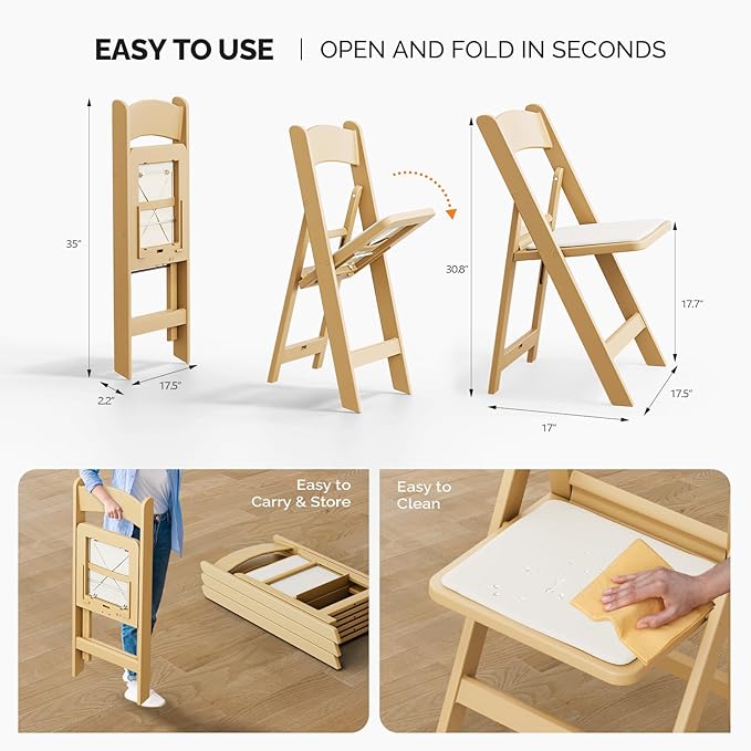 VINGLI Resin Folding Chairs with Cushion, Foldable Plastic Chair with Comfortable Padded Seats, Perfect for Event Party Indoor Outdoor, Natural, 1 PC