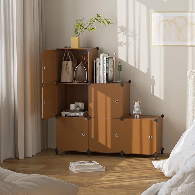 Cube Storage Organizer, 6-Cube Shelves Unit with Doors, DIY Stackable Plastic Clothes Organizer for Bedroom and Under Stairs Storage Unit, Each Compartment 30 x 30 x 30 cm Brown ATTSL6007