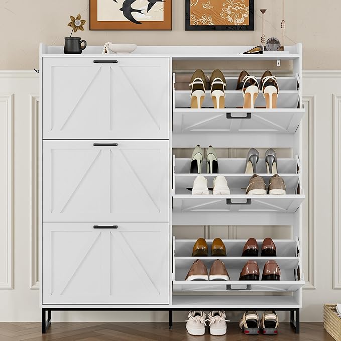 Shoe Cabinet with 6 Flip Drawers Narrow Shoe Storage Cabinet Organizer Wooden Freestanding Shoe Rack Hidden Slim Shoes Storage Cabinet for Entryway, Hallway, Living Room, Bedroom