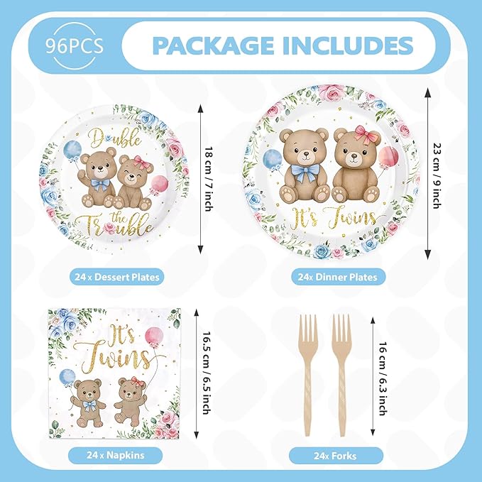 96Pcs Twin Bear Boy Girl Baby Shower Party Supplies It's Twins Pink Blue Floral Plates and Napkins Disposable Double the Trouble Tableware Set Newborn Gender Reveal Theme Party Decorations Serves 24