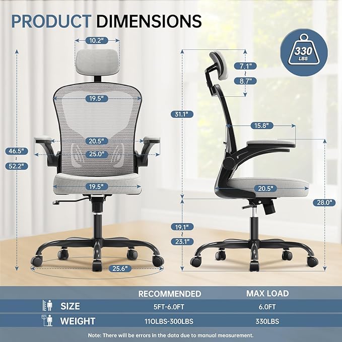 Synorla Office Chair Ergonomic Desk Chair, 330LBS Capacity, High Back Computer Design for Long Hours Comfort, Rolling Swivel Executive Task for Home Office with Flip-up Armrests, Black Grey