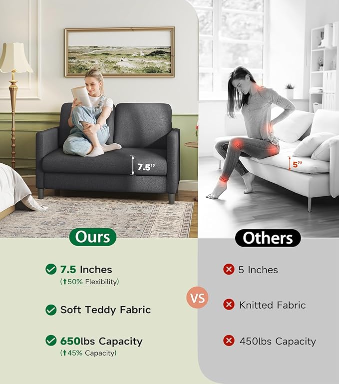 Loveseat Sofa, 51" Love Seat, Comfy Teddy Small Loveseat for Small Spaces, Tool-Free Setup Sofa Couch for Bedroom, All-Wood Couches for Living Room, No Pillow Included, Grey