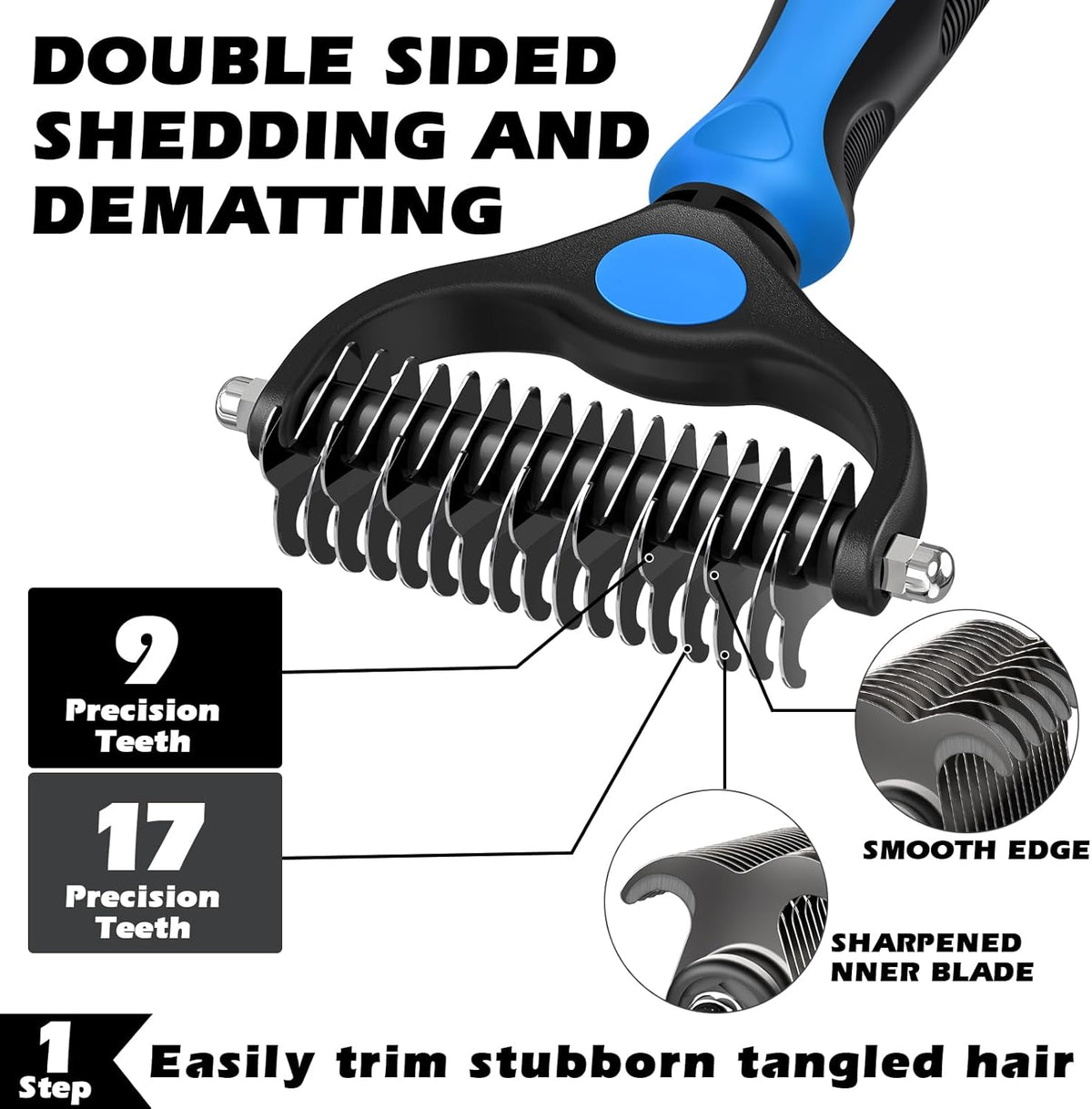 Skiennix Self-Cleaning Slicker Brush Set - Double-Sided Dematting Comb & Flea Comb for Dogs, Cats & Horses | Premium Grooming Tools (Blue)
