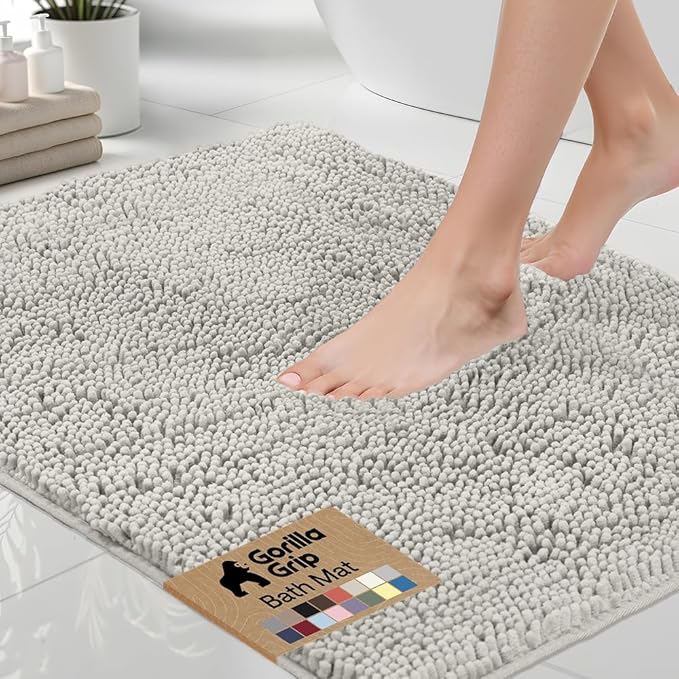 GORILLA GRIP Bath Rug Mat 54x24, Soft Absorbent Chenille, Quick Dry Microfiber Mats, Rubber Backing Washable Shower Floor Rugs, Bathmat Runner, US Designed Bathroom Home Decor Accessories Light Gray