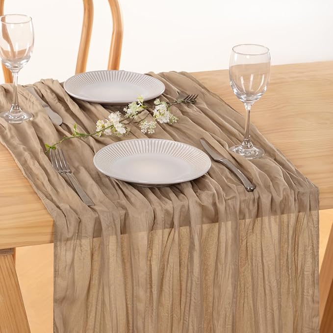 MLMC 12 Pack Nude Cheesecloth Table Runner 10ft Boho Rustic Gauze Taupe Cheese Cloth Table Runner Neutral Winter Decor 35x120 Inches for Reception Wedding Bridal Shower Party Decor