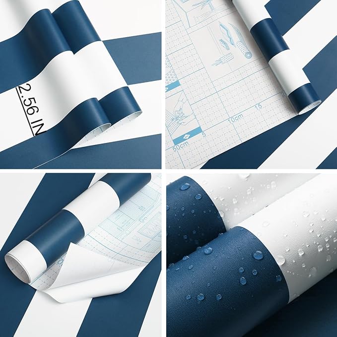 Guvana 17.7"x197" Navy Blue Wallpaper Striped Peel and Stick Wallpaper Blue and