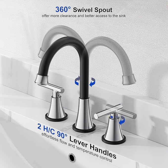 Bathroom Faucets for Sink 3 Hole, Hurran Black& Chrome Bathroom Sink Faucet with Pop-up Drain and Supply Lines, Stainless Steel Lead-Free Widespread Faucet for Vanity RV Farmhouse Sink