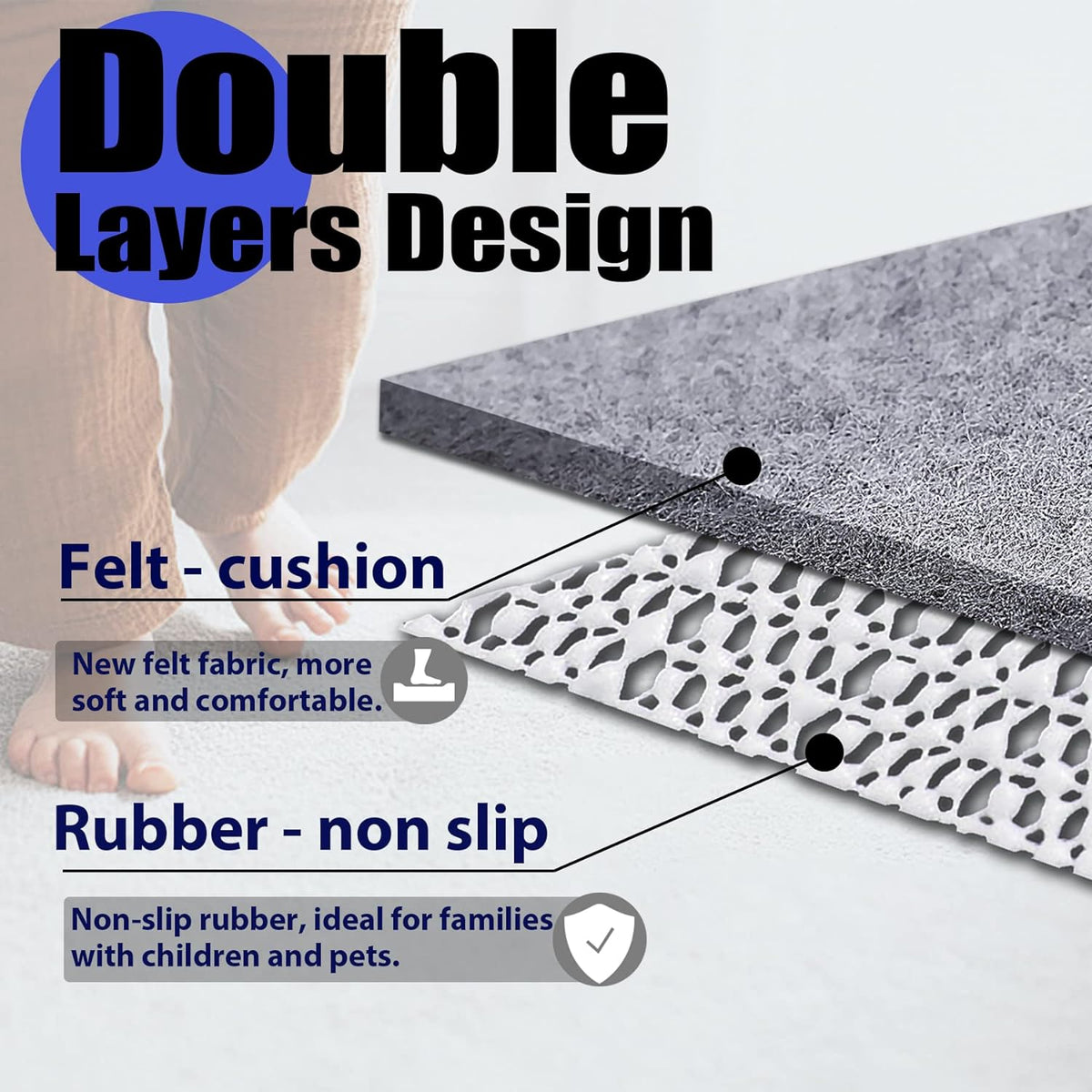 Non Slip Rug Pad Grippers - 8x11, 1/4" Thick, Felt + Rubber Double Layers Area Carpet Mat Tap, Provides Protection and Cushioning for Hardwood or Tile Floors
