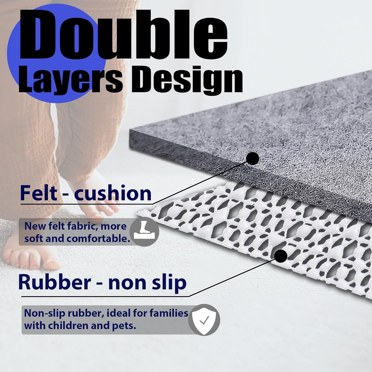 Non Slip Rug Pad Grippers - 4x6, 1/4" Thick, Felt + Rubber Double Layers Area Carpet Mat Tap, Provides Protection and Cushioning for Hardwood or Tile Floors