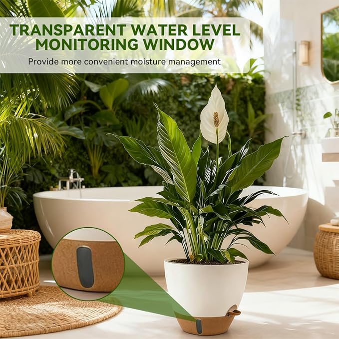 8/9/10 Inch Large Self Watering Pots, Plastic Flower Pots with Multi Mesh Drainage Holes and Water Level Indicator & Deep Reservoir for Indoor Outdoor Garden Plants and Flowers (White)